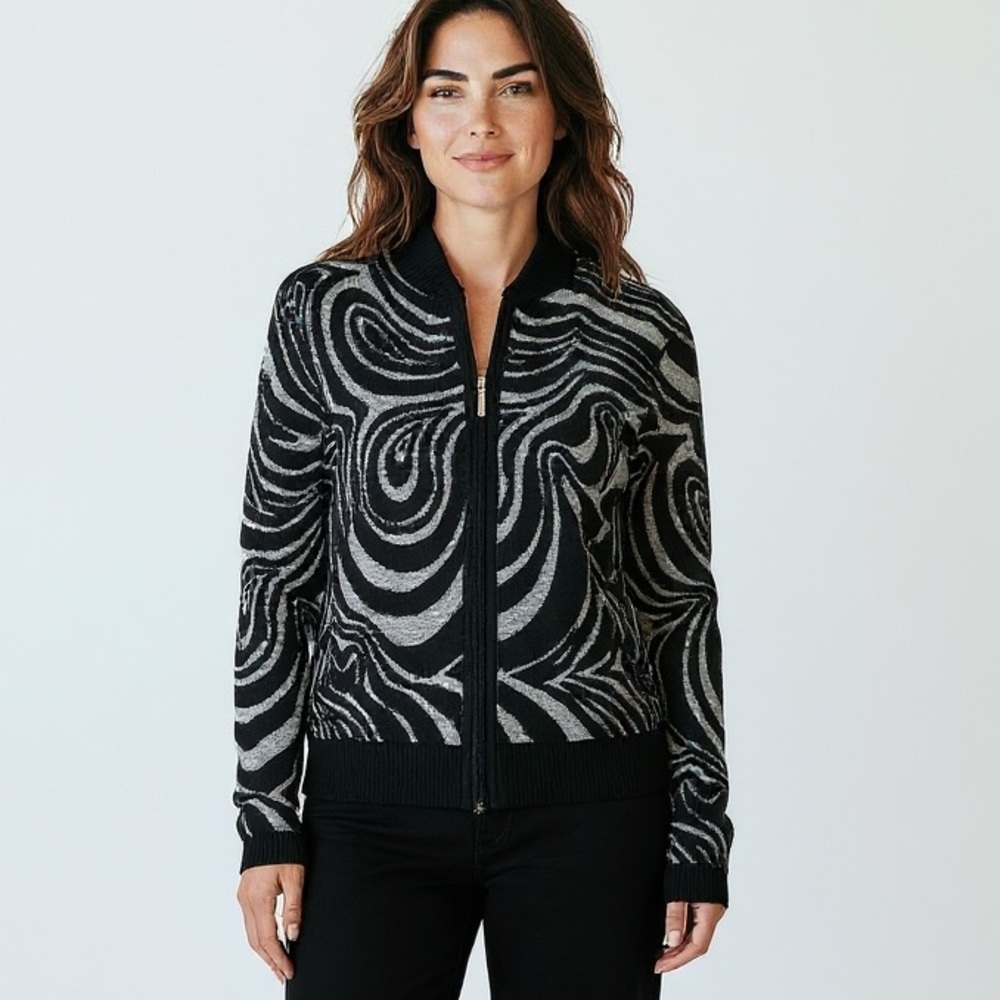 ST. JOHN SPORT Swirl Pattern Zippered Cardigan Bomber Sweater Jacket Size Medium